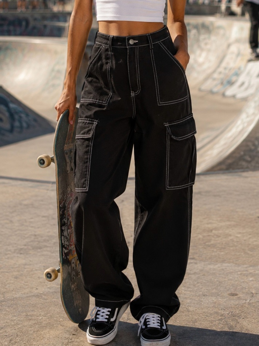 Orange Kiss Essentials Womens L Black Cargo Pants Contrast Stitch Y2K Utility